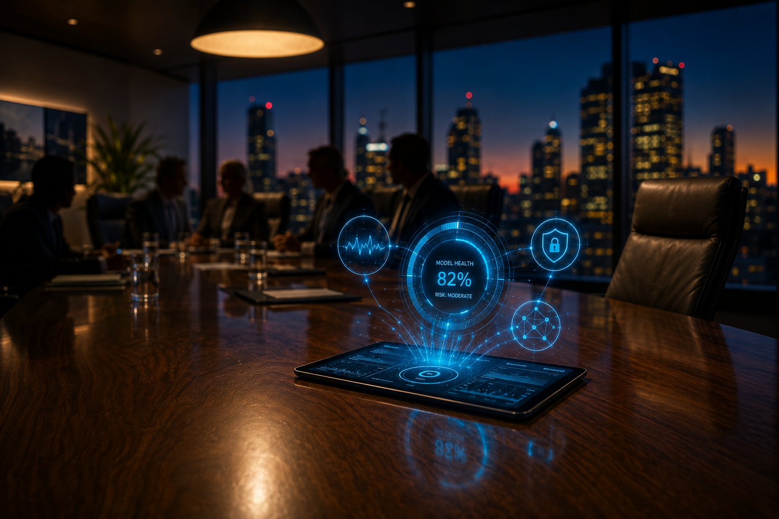 Empty boardroom seat at a long table of executives at dusk. A tablet on the empty chair&rsquo;s place projects a holographic cyan <abbr tabindex=