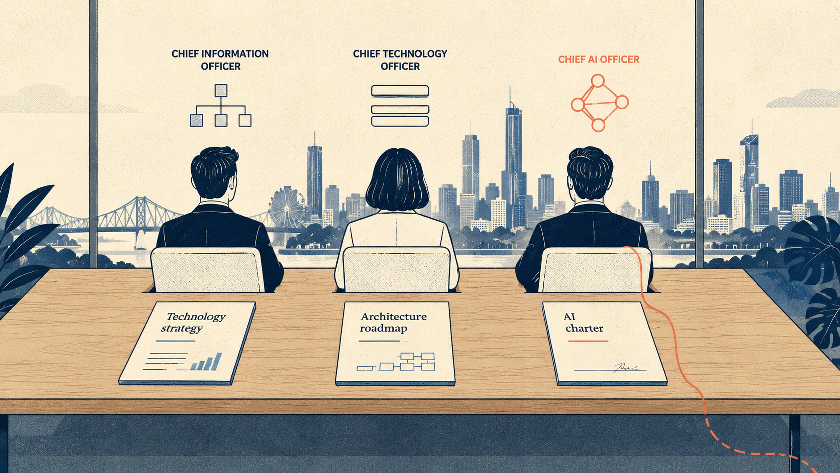 Editorial illustration of three executives at a boardroom table. Above each chair, a small line-drawn symbol marks the role: an org chart for the Chief Information Officer, stacked architecture layers for the Chief Technology Officer, and a neural-network node graph in coral for the Chief <abbr tabindex=