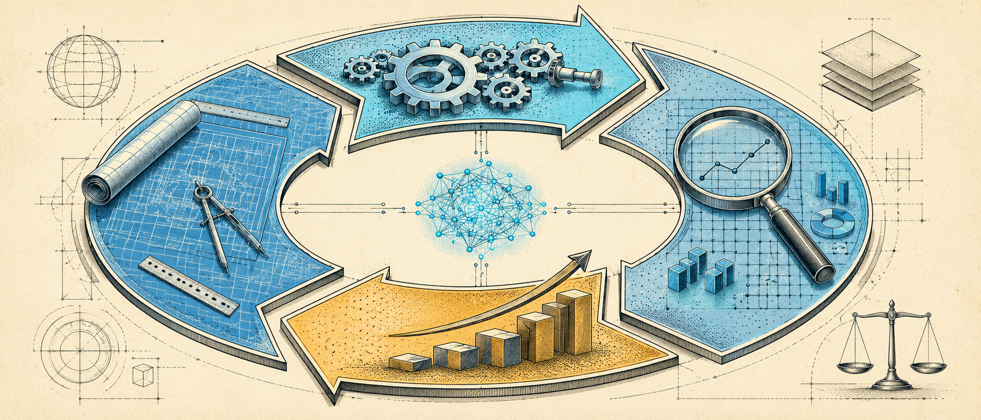 The Plan-Do-Check-Act cycle at the heart of an ISO 42001 AI management system: plan for the AI risks, operate the controls, measure how they perform, then improve, with the AI system held at the centre of the loop