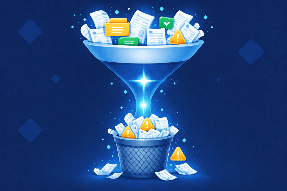 Illustration of messy unorganised documents being poured into a funnel with an <abbr tabindex=